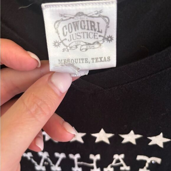 Cowgirl Justice “What Would Johnny Cash Do?” Black Graphic Tee with White Text - Picture 4 of 5